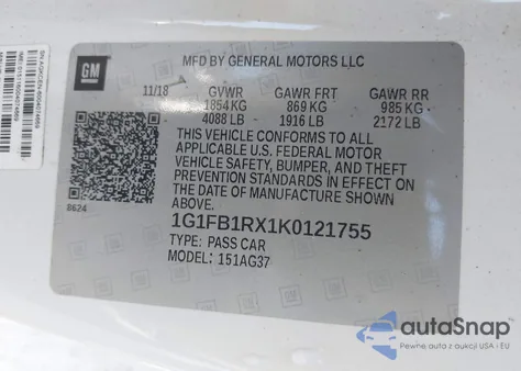 2019 Chevrolet Camaro 1Ls z USA, uszkodzony, nr VIN 1G1FB1RX1K0121755